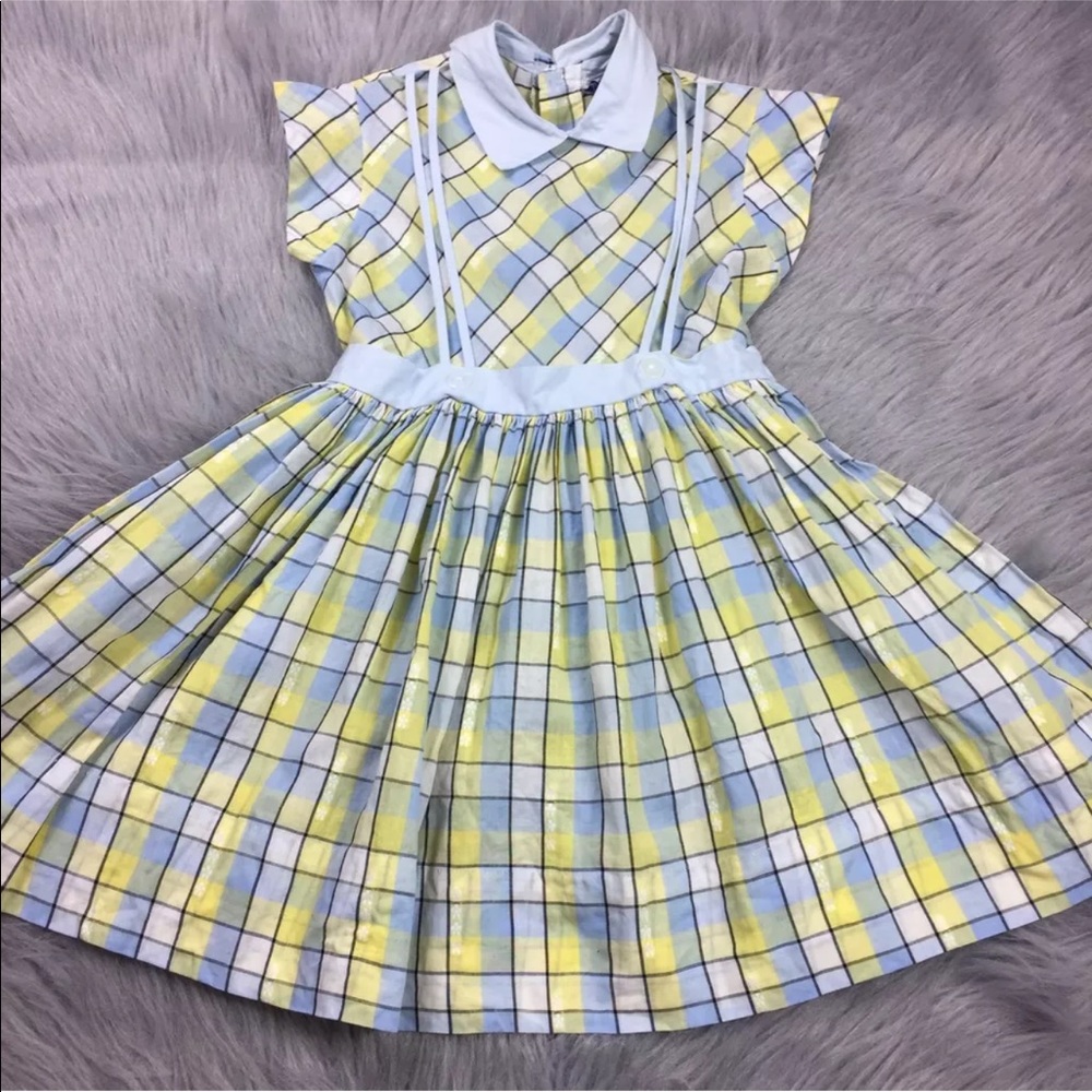 Vintage 1950s Girls Blue Yellow Black Plaid Dress